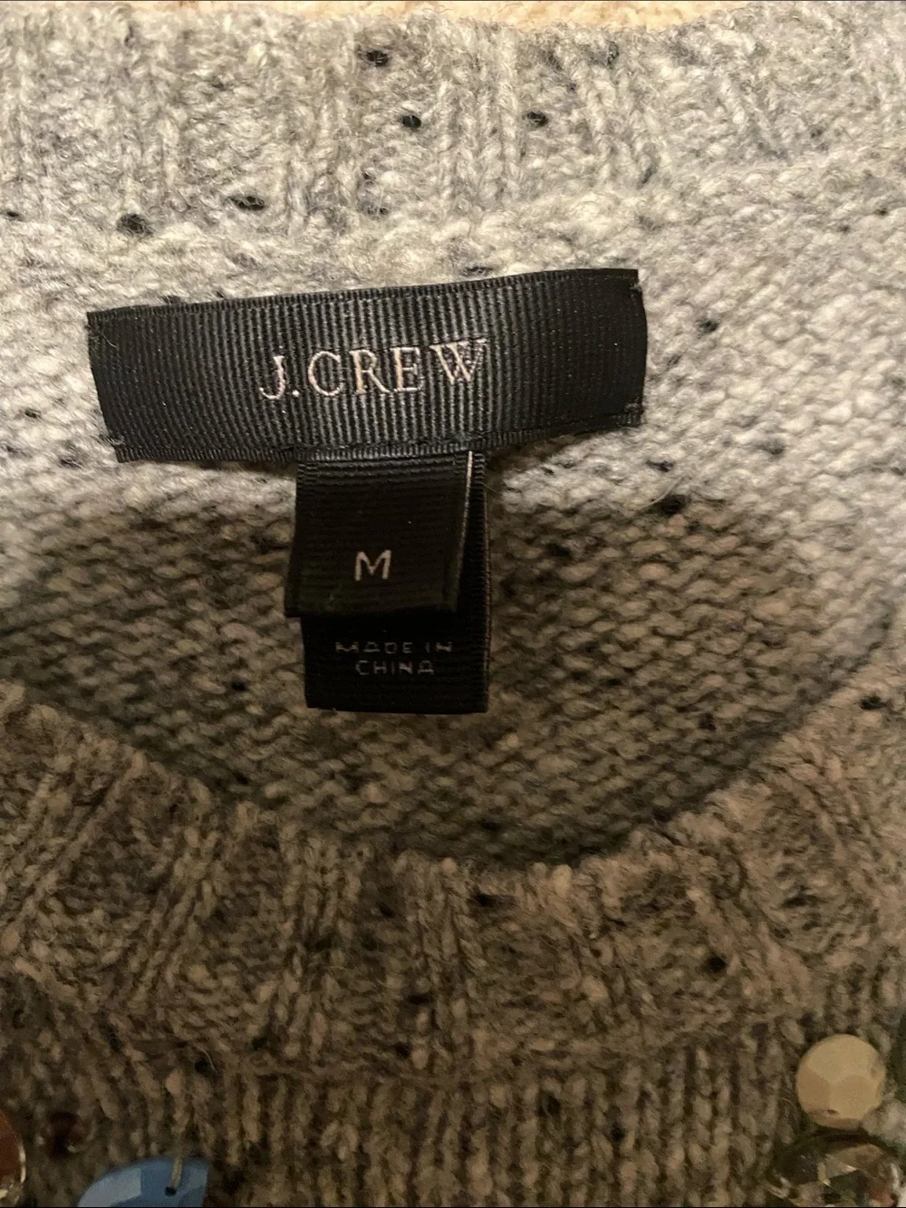J. Crew Gray Sweater with Blue, Green and Gold Jewel Accents